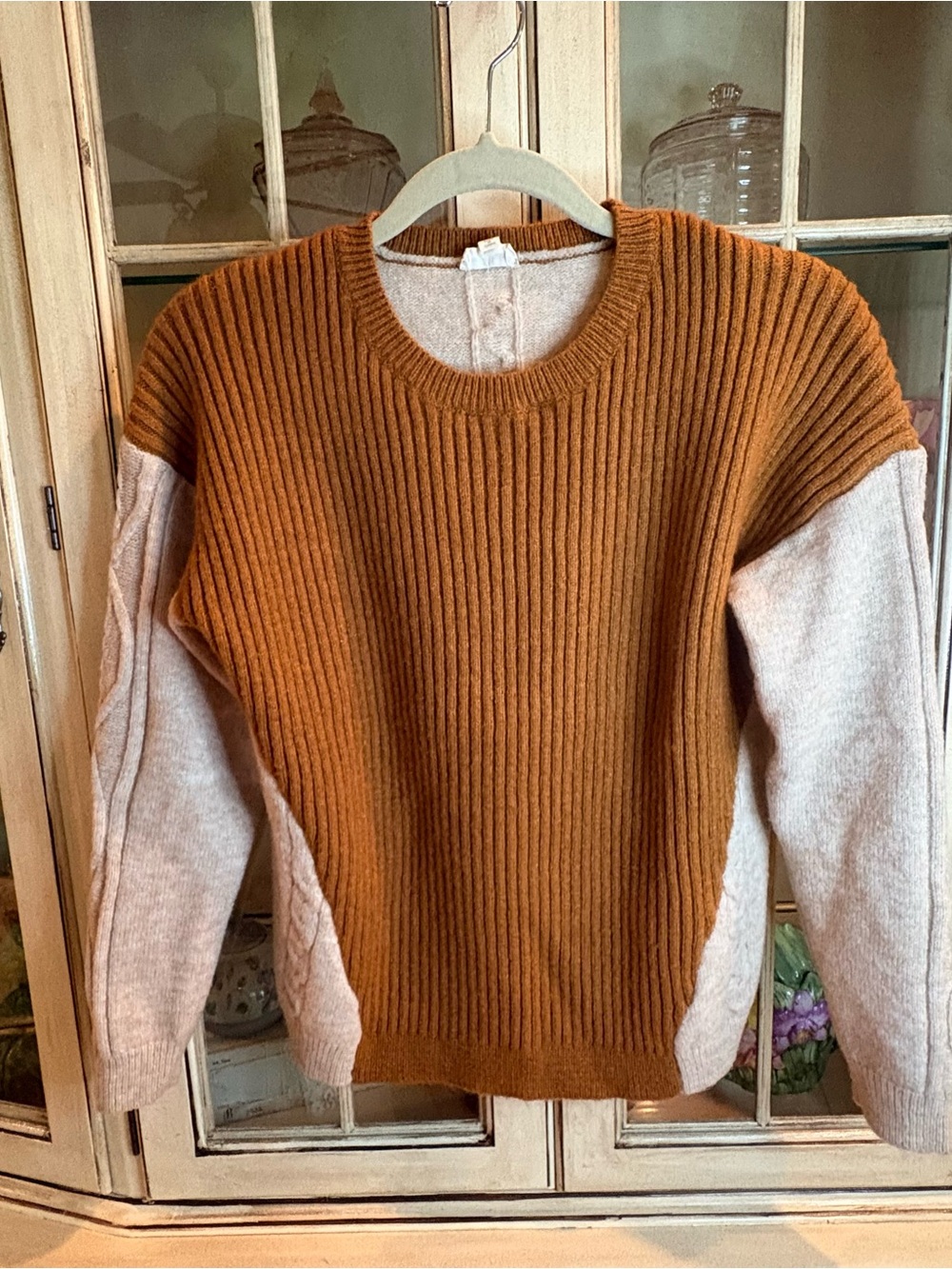 Hem & Thread Rust and Cream Ribbed Colorblock Crewneck Sweater